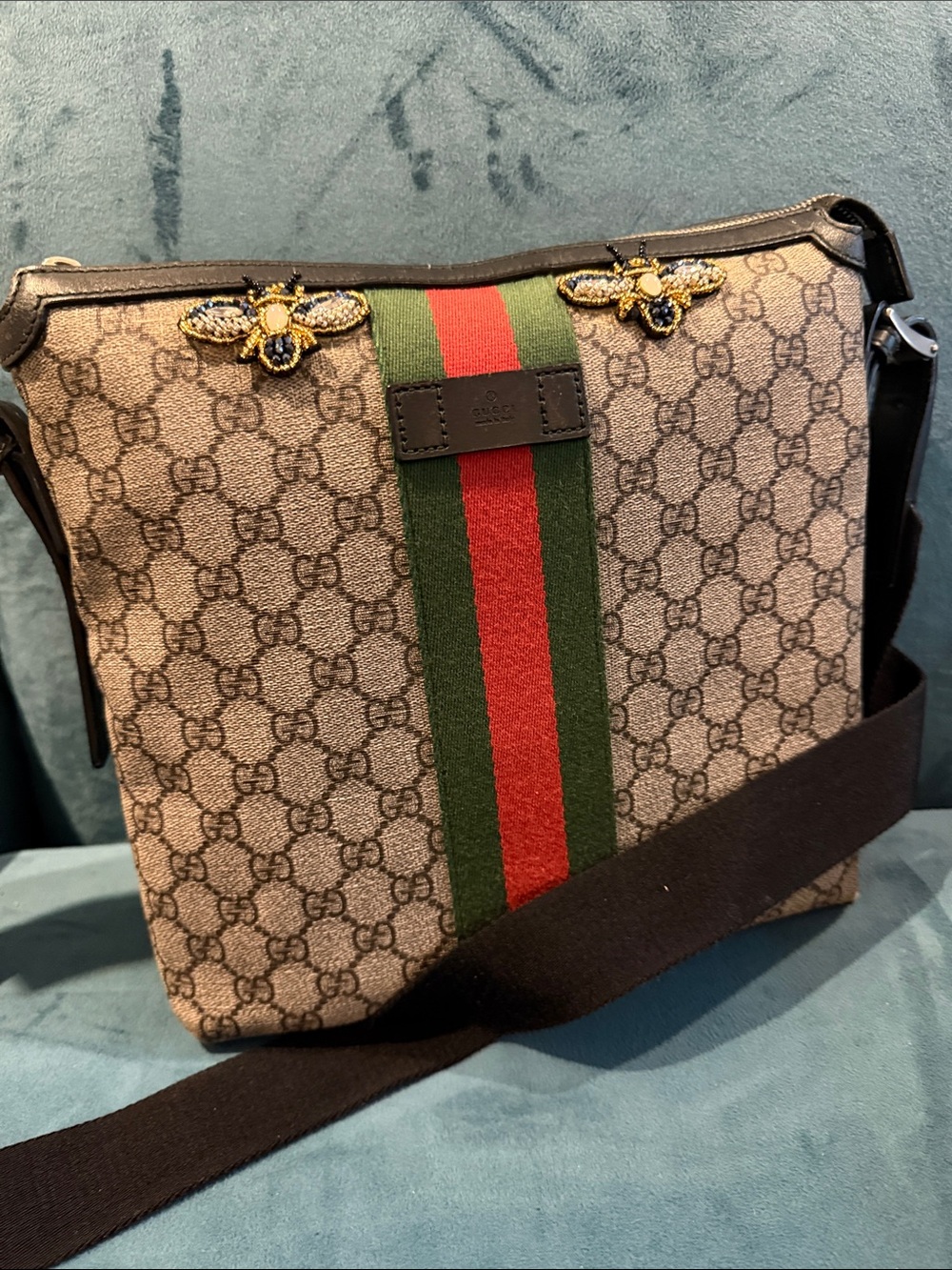 Gucci Beige GG Supreme Messenger Bag with Red & Green Stripe and Bee Accents